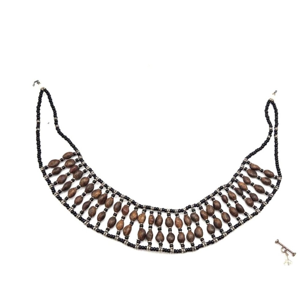 Handmade Black & Brown Beaded Necklace With Wooden Beads